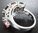 Серебряное кольцо с разноцветными турмалинами и темно-синими сапфирами Серебро 925