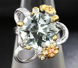 Серебряное кольцо с зеленым аметистом авторской огранки и сапфирами Серебро 925