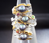 Серебряное кольцо с цветным жемчугом, цаворитами и сапфирами Серебро 925