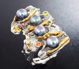 Серебряное кольцо с цветным жемчугом, цаворитами и сапфирами Серебро 925