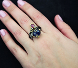 Серебряное кольцо с синими сапфирами и рубином Серебро 925
