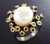 Серебряное кольцо с жемчужиной и черными шпинелями Серебро 925