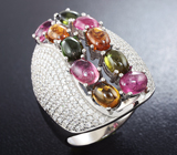 Роскошное cеребряное кольцо с разноцветными турмалинами Серебро 925