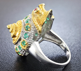 Серебряное кольцо «Улитка» с изумрудами и рубинами Серебро 925