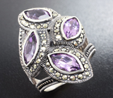 Замечательное серебряное кольцо с аметистами и марказитами Серебро 925