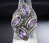 Замечательное серебряное кольцо с аметистами и марказитами Серебро 925