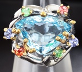 Серебряное кольцо с голубым топазом, танзанитами, цаворитами и сапфирами Серебро 925