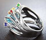 Серебряное кольцо с голубым топазом, танзанитами, цаворитами и сапфирами Серебро 925
