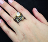 Серебряное кольцо с лунным камнем и родолитами гранатами Серебро 925