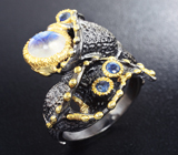 Серебряное кольцо с лунным камнем и синими сапфирами Серебро 925