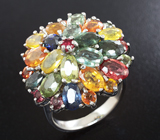 Праздничное серебряное кольцо с разноцветными сапфирами Серебро 925