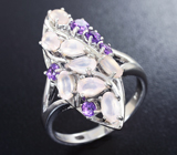 Замечательное серебряное кольцо с аметистами и розовым кварцем Серебро 925