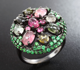 Черненое серебряное кольцо с разноцветными турмалинами  Серебро 925