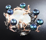 Экстравагантное крупное серебряное кольцо с барочным и цветным жемчугом Серебро 925