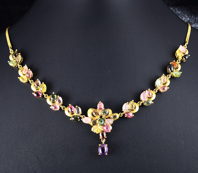 Серебряное колье с аметистом и разноцветными турмалинами