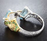 Серебряное кольцо с аквамаринами и изумрудами Серебро 925