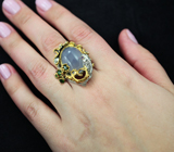 Серебряное кольцо с голубым халцедоном, диопсидами и аметистами Серебро 925