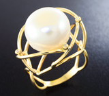 Золотое кольцо с крупной морской жемчужиной 17 карат и бриллиантами Золото