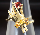 Золотое кольцо с оранжевым сапфиром 0,25 карат, золотистыми сапфирами и бриллиантом Золото