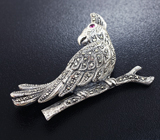 Серебряная брошь «Попугай» с марказитами Серебро 925