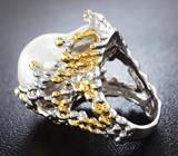 Серебряное кольцо с крупной жемчужиной барокко и сапфирами Серебро 925