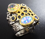 Серебряное кольцо с кристаллическими эфиопскими опалами и синими сапфирами Серебро 925