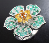 Серебряное кольцо-цветок с цитринами и изумрудами Серебро 925