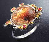 Серебряное кольцо с рутиловым кварцем с эффектом кошачьего глаза и сапфирами Серебро 925