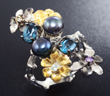 Серебряное кольцо с цветным жемчугом и самоцветами Серебро 925