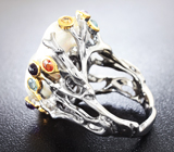 Серебряное кольцо с крупной жемчужиной барокко, аметистами, разноцветными сапфирами и танзанитом Серебро 925