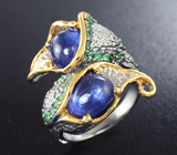 Серебряное кольцо c синими сапфирами и цаворитами Серебро 925