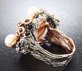 Серебряное кольцо с агатом, жемчугом, гранатами и перидотами Серебро 925