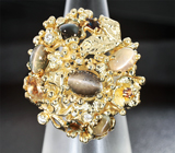 Золотое кольцо с александритами и хризобериллами 6,64 карат, бриллиантами Золото