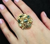 Золотое кольцо с александритами и хризобериллами 6,64 карат, бриллиантами Золото