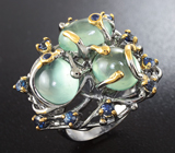 Серебряное кольцо с пренитом и синими сапфирами Серебро 925