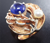 Серебряное кольцо с синим сапфиром 7,38 карат и жемчужиной Серебро 925