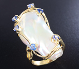 Золотое кольцо с крупной морской жемчужиной барокко 31,32 карат и синими сапфирами! Исключительный люстр Золото