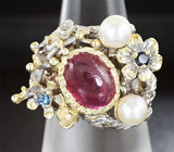 Серебряное кольцо с рубином, жемчугом и синими сапфирами Серебро 925