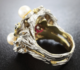 Серебряное кольцо с рубином, жемчугом и синими сапфирами Серебро 925