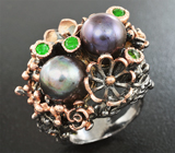 Серебряное кольцо с цветным жемчугом и цаворитами Серебро 925