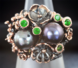 Серебряное кольцо с цветным жемчугом и цаворитами Серебро 925