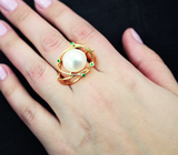 Золотое кольцо с морской жемчужиной 13,6 карат и изумрудами! Исключительный люстр Золото