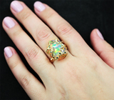 Все цвета радуги! Золотое кольцо с роскошным кристаллическим опалом 8,17 карат, бесцветным и синими бриллиантами Золото