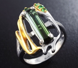Серебряное кольцо с зеленым турмалином и цаворитами Серебро 925