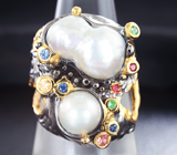 Серебряное кольцо с жемчугом, разноцветными сапфирами и цаворитами Серебро 925