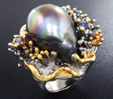 Серебряное кольцо с цветным жемчугом и синими сапфирами Серебро 925