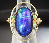 Кольцо-трансформер с кристаллическим черным опалом, сапфирами и цаворитами гранатами