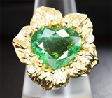 Золотое кольцо с крупным неоново-зеленым турмалином 7,68 карат и бриллиантами Золото