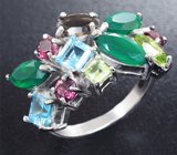 Прелестное серебряное кольцо с зелеными агатами и самоцветами Серебро 925