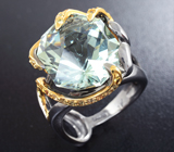 Серебряное кольцо с зеленым аметистом авторской огранки и сапфирами Серебро 925